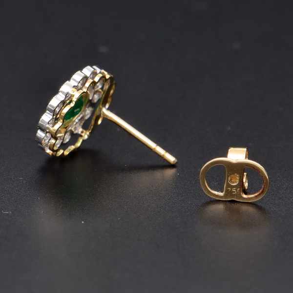 18ct Yellow Gold Oval Emerald & Diamond Halo Cluster Earrings