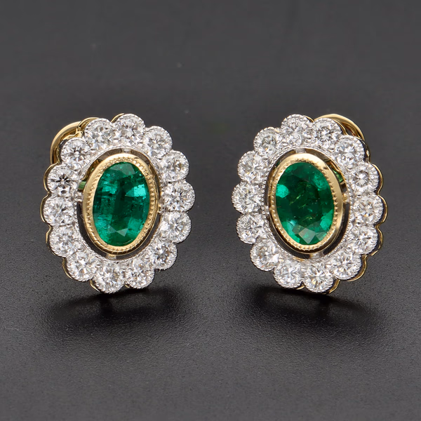 18ct Yellow Gold Oval Emerald & Diamond Halo Cluster Earrings