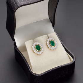 18ct Yellow Gold Oval Emerald & Diamond Halo Cluster Earrings