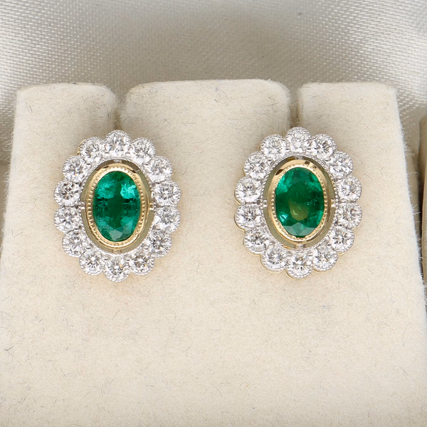 18ct Yellow Gold Oval Emerald & Diamond Halo Cluster Earrings