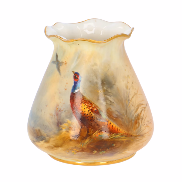 Royal Worcester Ovoid Vase Pie Crust Rim & Pheasants