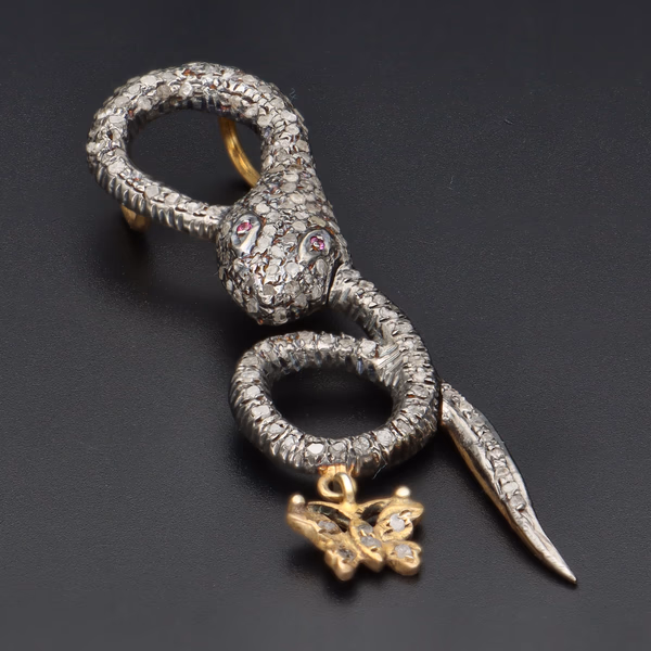 18ct Gold Vermeil Diamond Set Snake and Butterfly Pendant