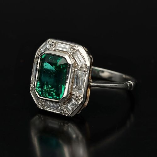 Platinum Chatham Emerald and Diamond Ring image-3