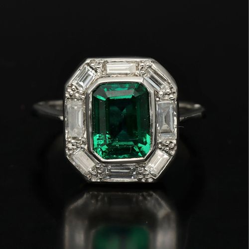 Platinum Chatham Emerald and Diamond Ring image-2