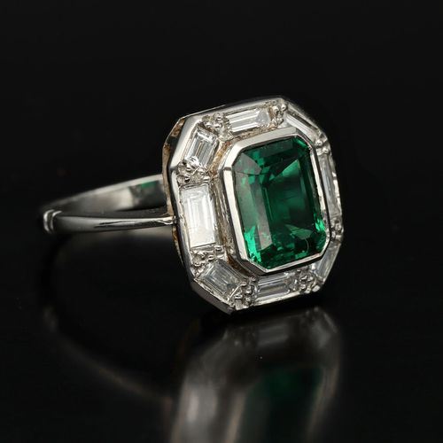 Platinum Chatham Emerald and Diamond Ring image-1