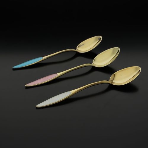 Gilded Sterling Silver and Guilloche Enamel Spoons image-5