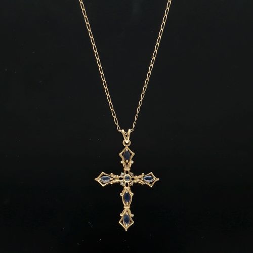 9ct Gold Sapphire and Diamond Cross Necklace image-1