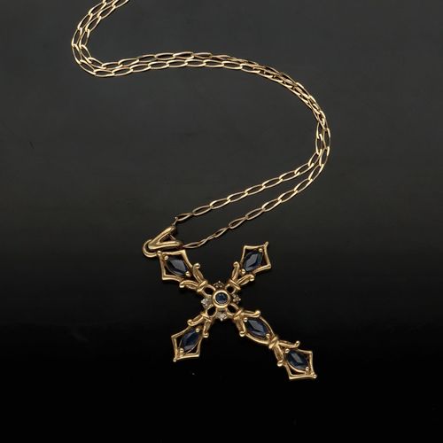 9ct Gold Sapphire and Diamond Cross Necklace image-3