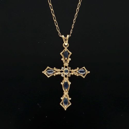 9ct Gold Sapphire and Diamond Cross Necklace image-2