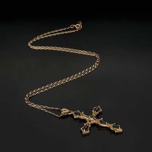 9ct Gold Sapphire and Diamond Cross Necklace image-4