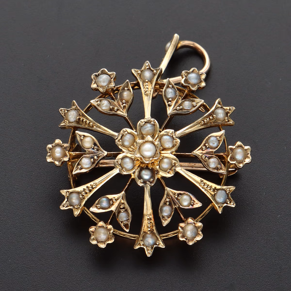 Antique Victorian 9ct Yellow Gold Brooch With Pearl Decoration