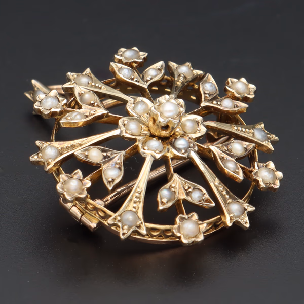 Antique Victorian 9ct Yellow Gold Brooch With Pearl Decoration