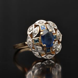 Art Deco Style 14ct Gold Sapphire and Diamond Ring