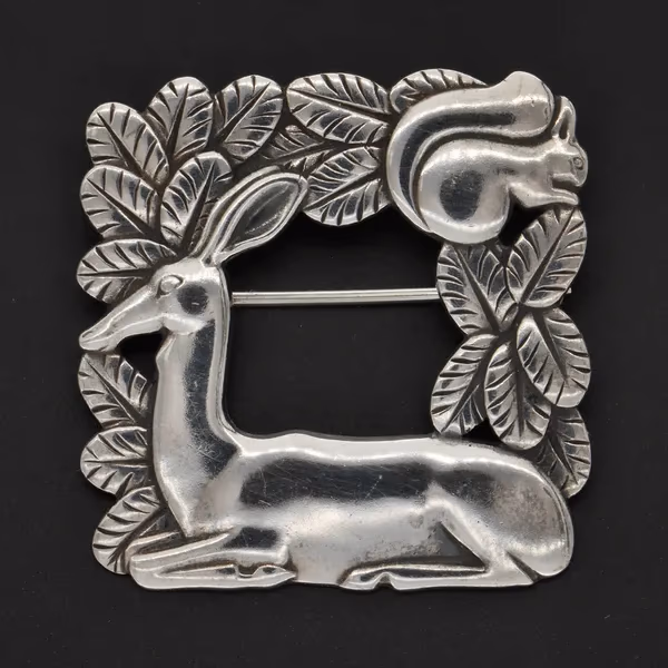 Danish Sterling Silver Fawn and Squirrel Brooch