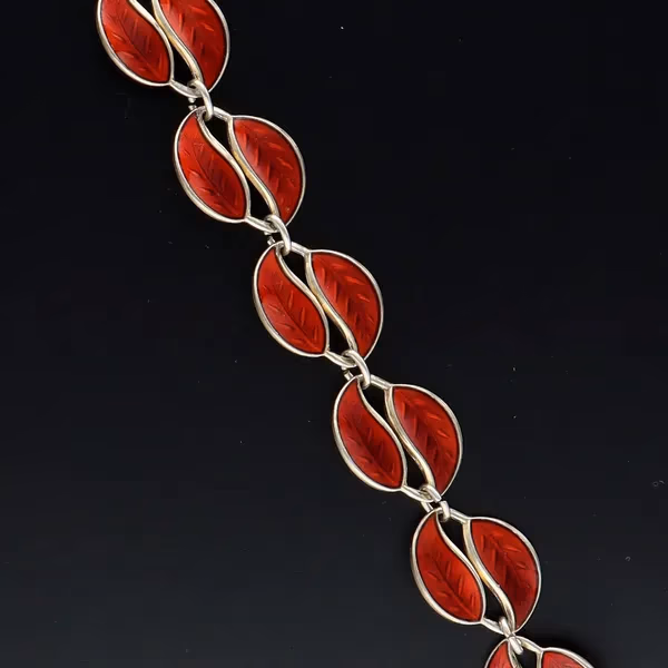 Norwegian Vermeil Sterling Silver and Red Guilloche Enamel Double Leaf Bracelet
