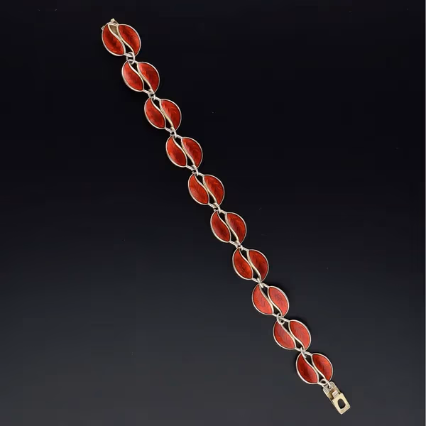Norwegian Vermeil Sterling Silver and Red Guilloche Enamel Double Leaf Bracelet