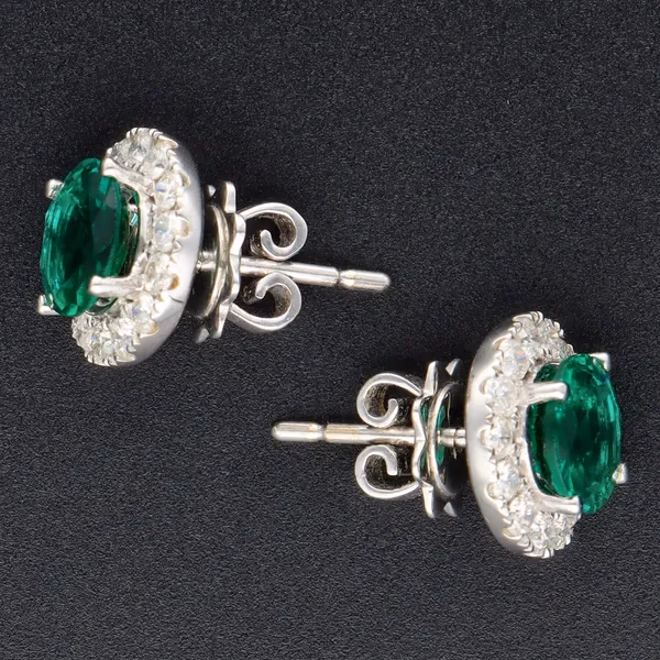 18ct White Gold Synthetic Emerald Earrings