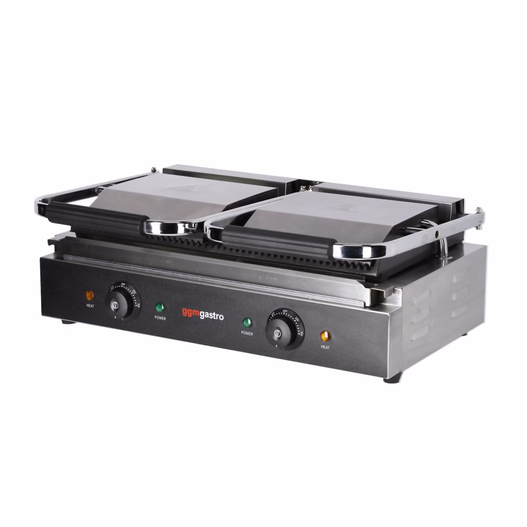 Commercial Contact Grill / Panini Press - Ridged Top & Bottom - 3.6 kW - Dual thermostats, Cast‑iron plates