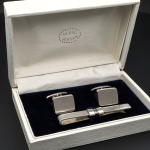 Boxed Vintage Georg Jensen Silver Cufflink and Tie Bar Set