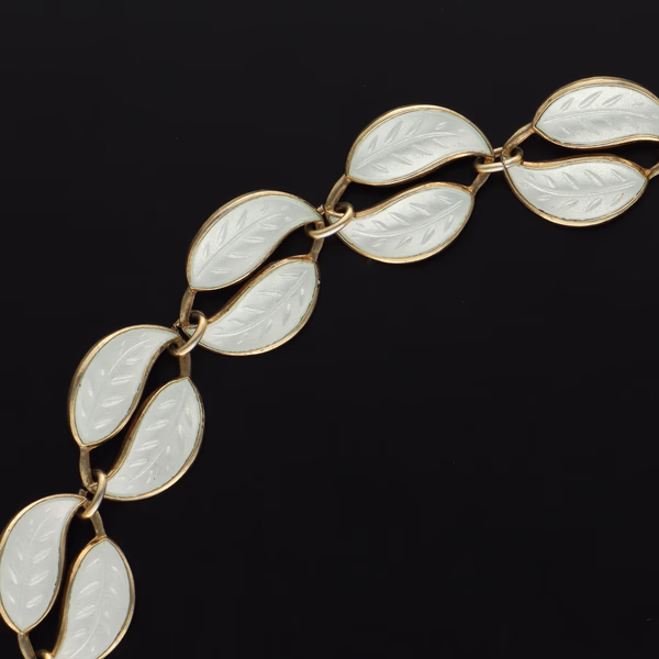 Sterling Silver and White Guilloche Double Leaf Necklace
