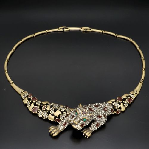 Vintage Austrian Crystal and Enamel Panther Necklace image-1