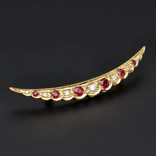 18ct Gold Ruby and Diamond Crescent Brooch image-1