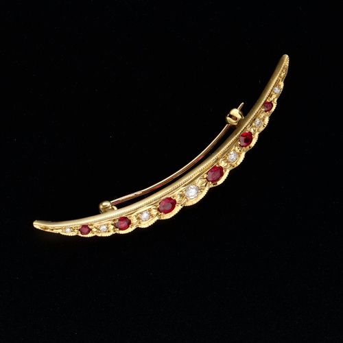 18ct Gold Ruby and Diamond Crescent Brooch image-2