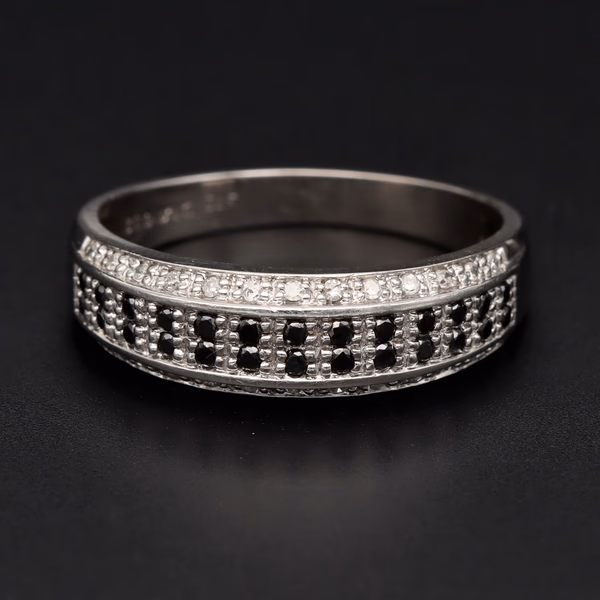 9ct White Gold Black & White Diamond Half Hoop Ring