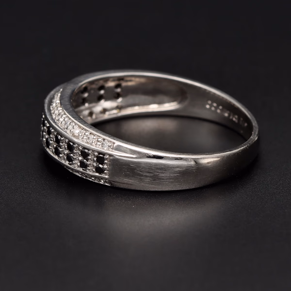 9ct White Gold Black & White Diamond Half Hoop Ring