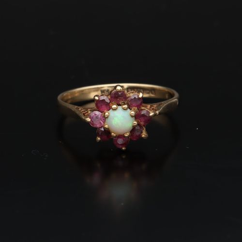 20th Century 9ct Gold Ruby and Opal Cluster Ring image-2