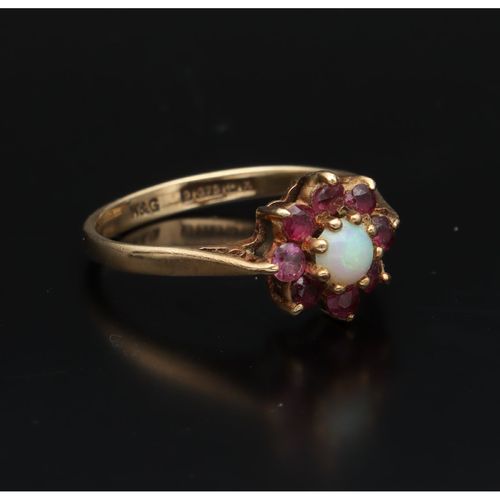 20th Century 9ct Gold Ruby and Opal Cluster Ring image-1