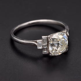 Platinum Old Mine Cut Diamond Ring With Baguette Shoulders