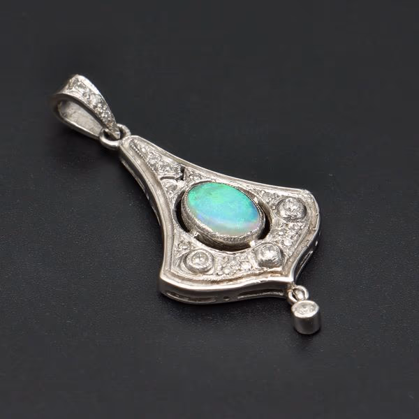 9ct White Gold Opal and Diamond Pendant