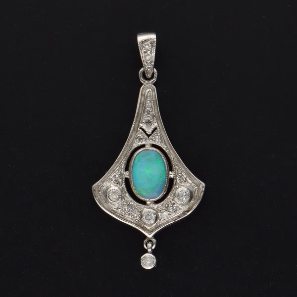 9ct White Gold Opal and Diamond Pendant