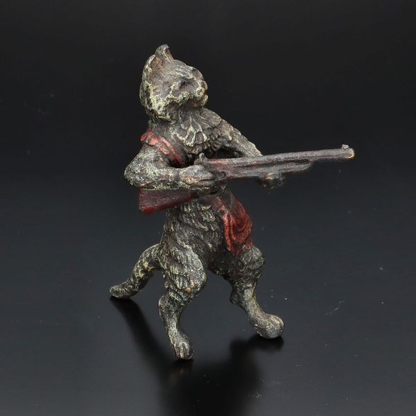 Franz Bergman Bronze Figure of Cat with Rifle